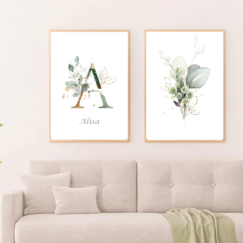 Картина на холсте с буквами листьев настенная живопись именем под заказ подарок