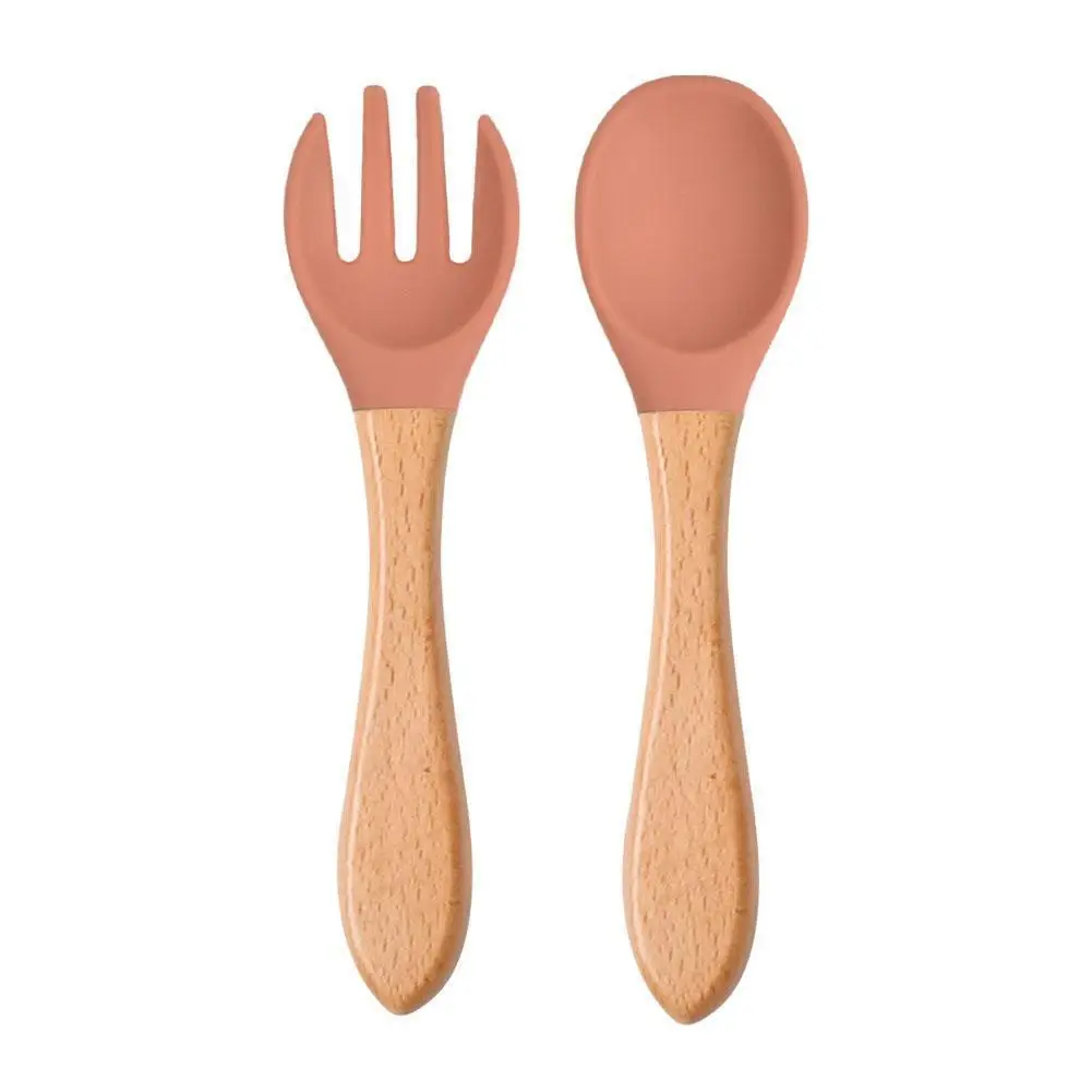 2 piezas cuchara de silicona para beb&eacute;s tenedor mango de madera cubiertos de Color para alimentos para beb&eacute;s cuchara de caramelo de silicona suave conjunto de alimentaci&oacute;n Z7B3-0