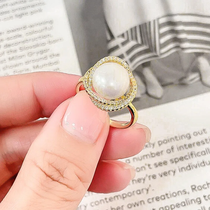 

Elegant Round Shell Pearl Ring Zirconia Adjustable Rings For Women Luxury Jewelry Gifts For Birthday Wedding Party