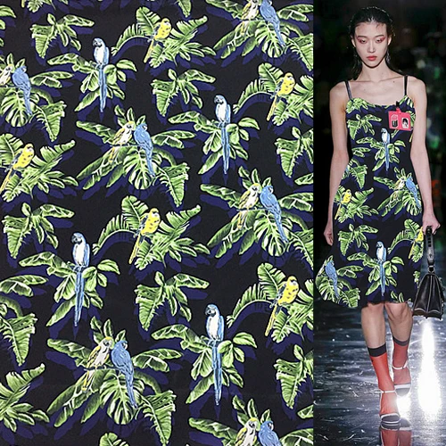 

Banana leaf and parrot print silk Crepe DE chine fabric 138cm width,SCDC939