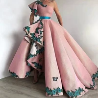 high low 3d flower applique prom dresses one shoulder wedding formal evening gowns a line arabic vestidos de fiesta %d0%bf%d0%bb%d0%b0%d1%82%d1%8c%d0%b5