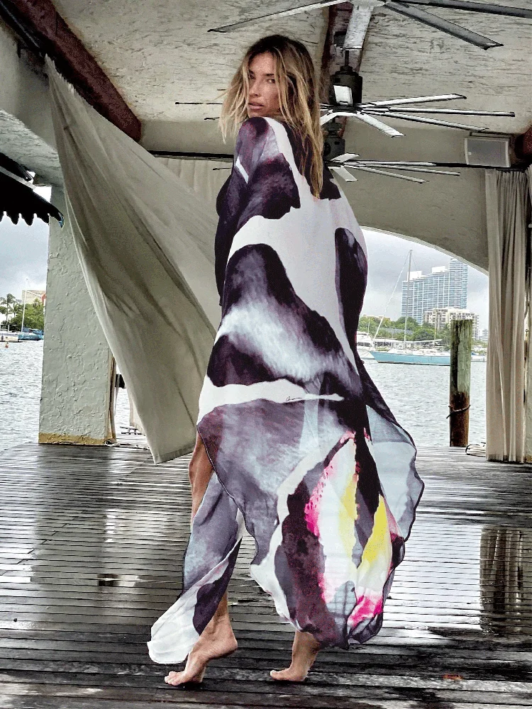 

Chiffon Beach Cover up Print Tiger Striped Kaftan Tunics Summer Swimsuit Cover up Plus Size Pareos Pants Beach Kimono Beachwear