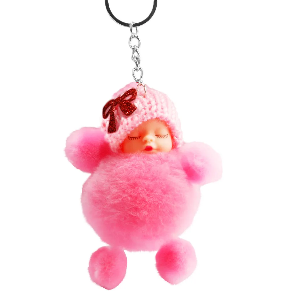 

Women Girls Bag Pendant Jewelry Cute Sleeping Baby Bowtie Fluffy Pompom Fur Plush Doll Keychain Keyring Key Ring Women Key Ring