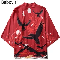 bebovizi japanese crow print kimonos streerwear yukata women haori harajuku kimono robe cardigan men red asian clothes