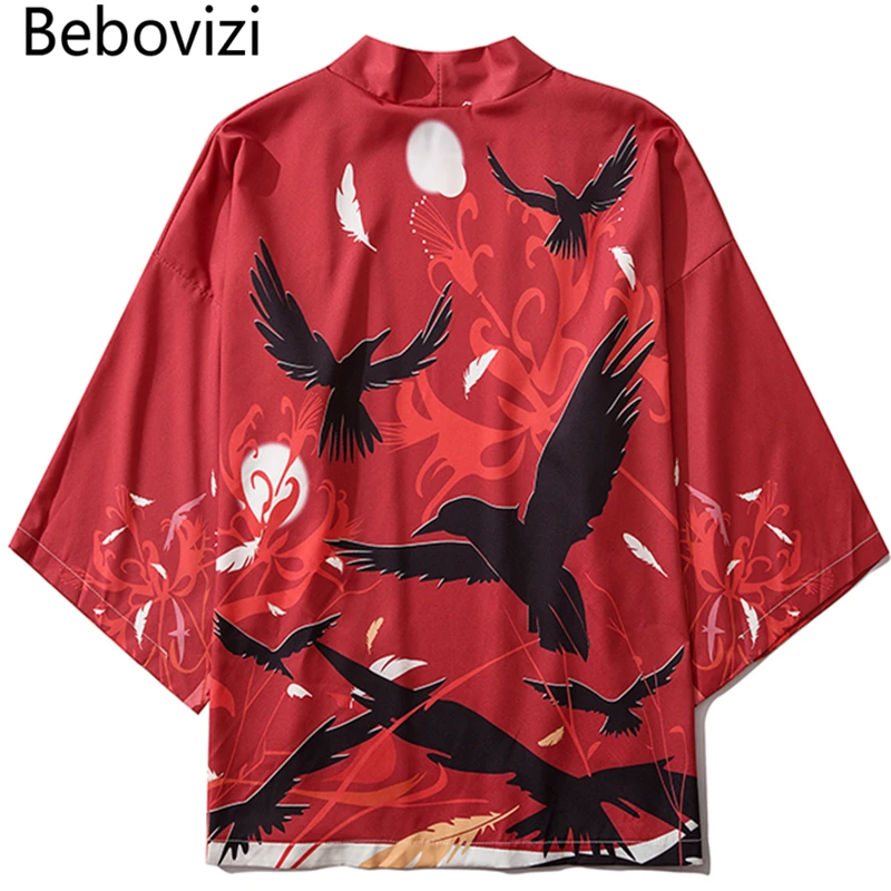 Bebovizi японское кимоно с рисунком ворон Streerwear Yukata женское хаори Харадзюку халат