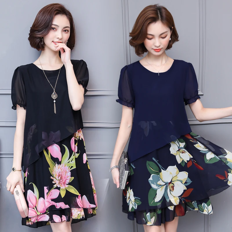 Плюс размер платье с коротким рукавом до колена женское длиной Новое шифоновое