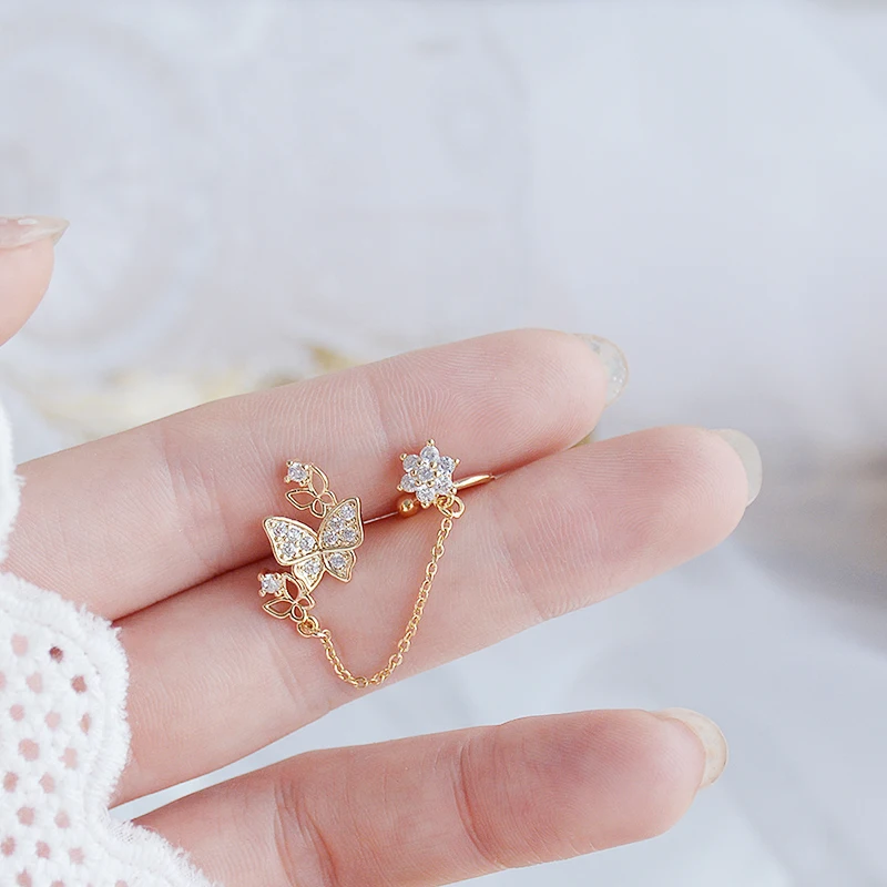 

Vintage Exquisite 14k Real Gold Jewelry Plated Flower Butterfly Earrings for Women Luxury Zirconia Stud S925 Silver Needle Gift