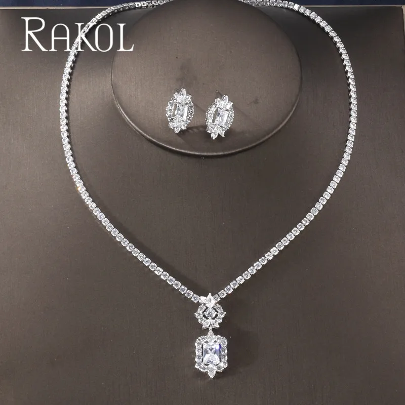 Square White RAKOL Новая мода Роскошные AAA циркон форма капли воды ожерелье серьги набор украшений для женщин вечерние свадебное платье аксессуары - Окраска металла: Square White