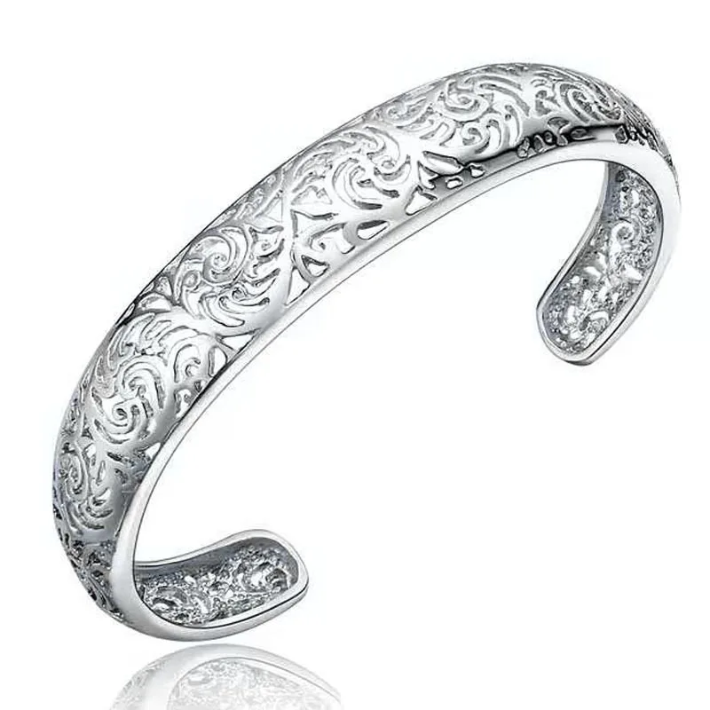 925 Sterling Silver Cuff Bangles & Bracelet Creative Ethnic Hollow Flowers Bracelet for Women Wedding Jewelry Gift