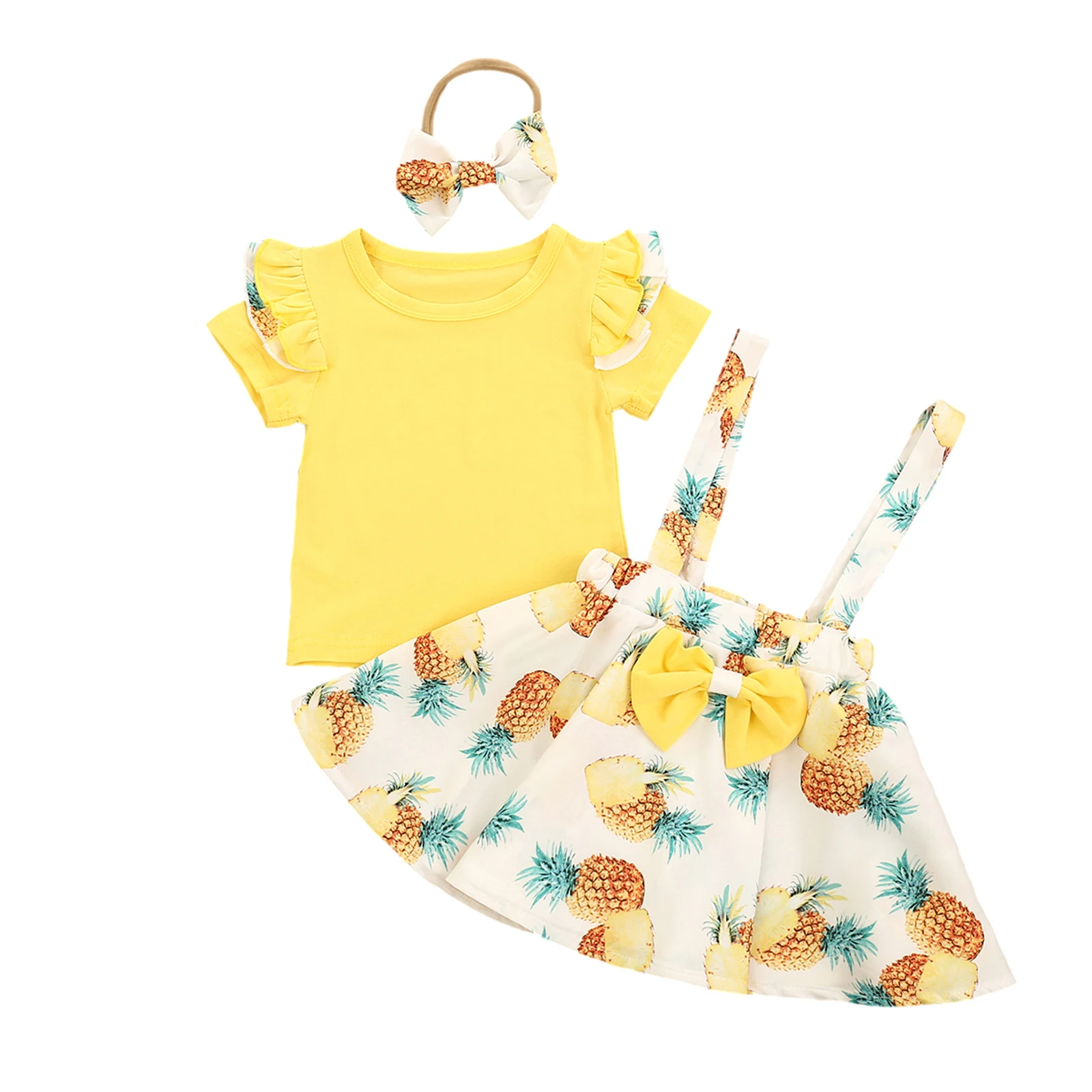 

3Pcs Baby Summer Outfits, O-Neck Short Sleeves T-Shirt + Pineapple Print Overalls Skirt + Hair Band Suit for Girls