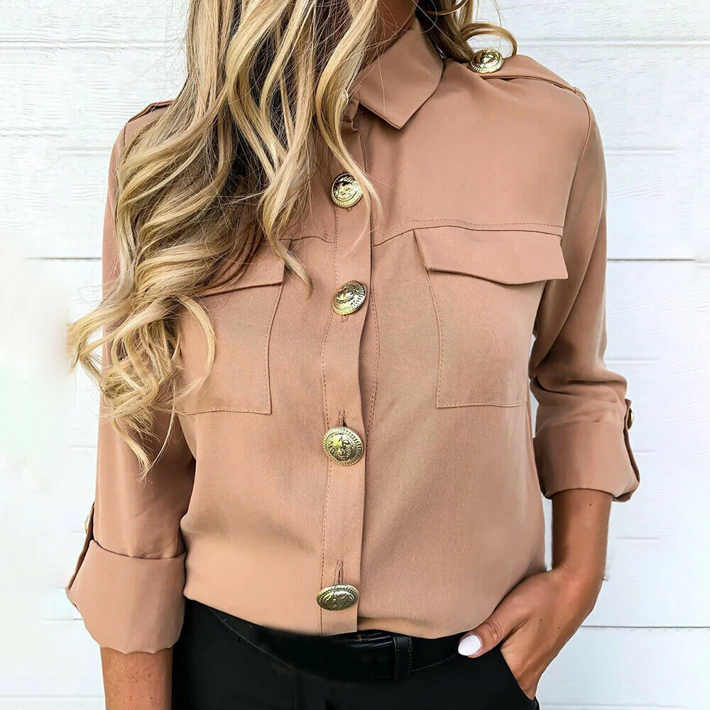 Топ Женский Повседневный на пуговицах рубашка в стиле милитари с карманами