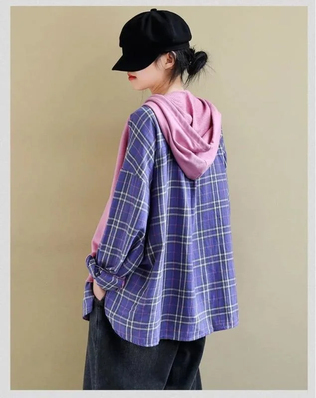 Новинка весна-осень свободная художественная прошивка в клетку с капюшоном для