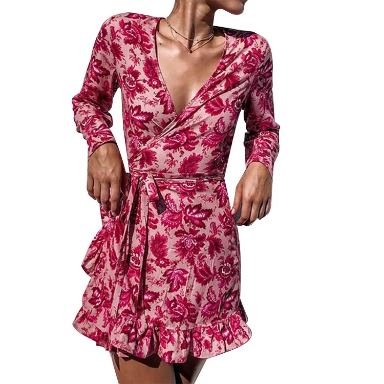 

Houthion Women Dresses Loose Fashion Casual High Waist A-Line Knee-Length Beach Style New Long Sleeve Printed V-neck Midi Dress