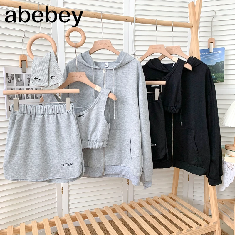 

Fashion hooded collar long sleeve zipper Coat Top + elastic waist short Skirt with short Vest 3-piece set 2021 New Spring Autumn