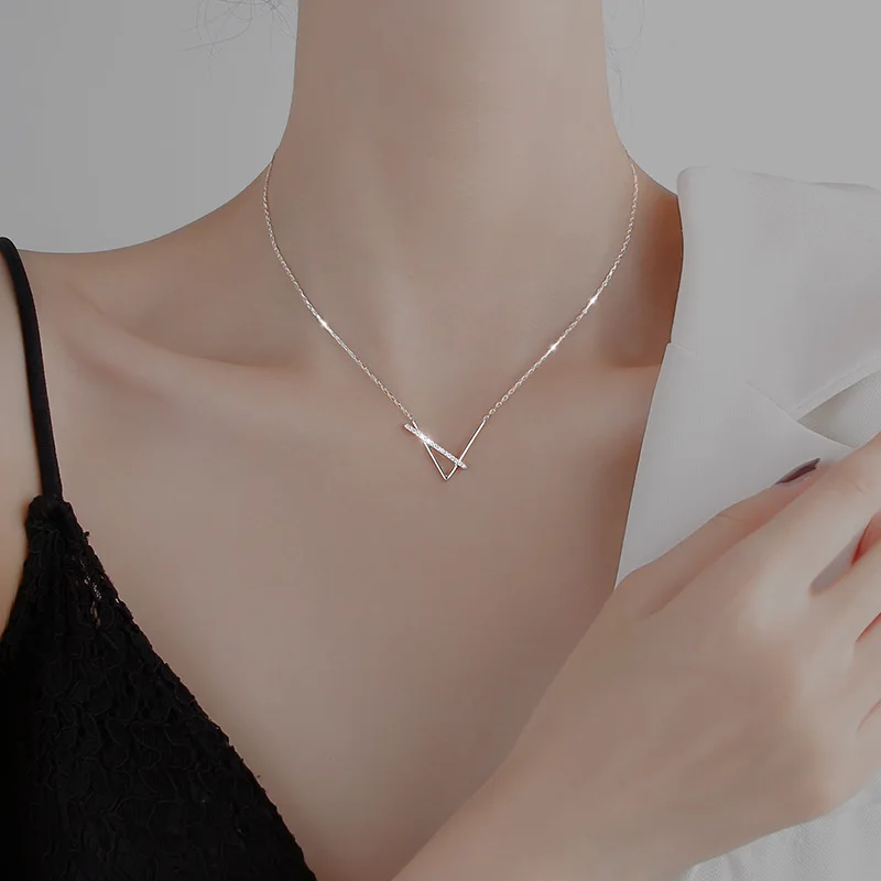 

POPACC 925 пробы серебро v-образной формы с геометрическим рисунком Цепочки и ожерелья для Для женщин простой многослойное украшение на шею в Це...