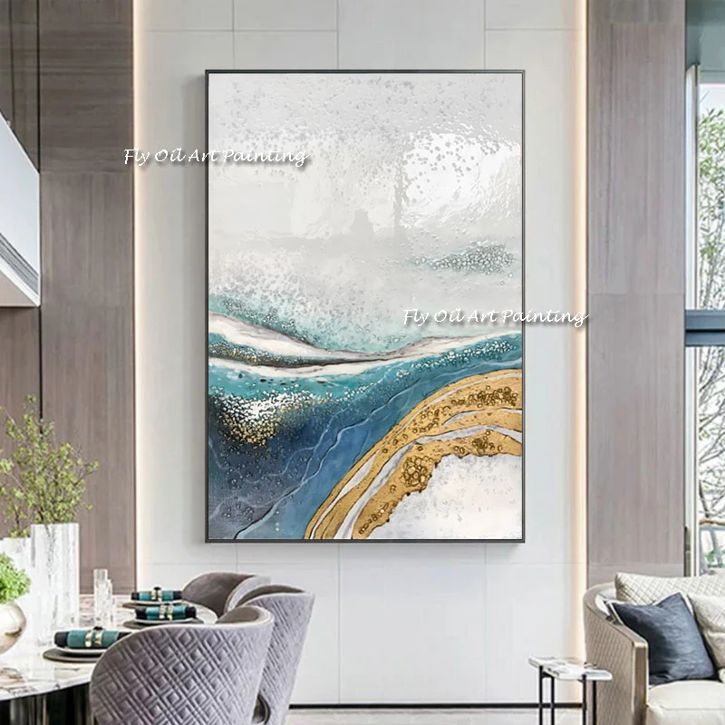 

Modern Abstract Ocean Art Posters Golden Fish Blue Pictures Handmade Oil Painting Wall Art for Living Room Home Decor (No Frame)