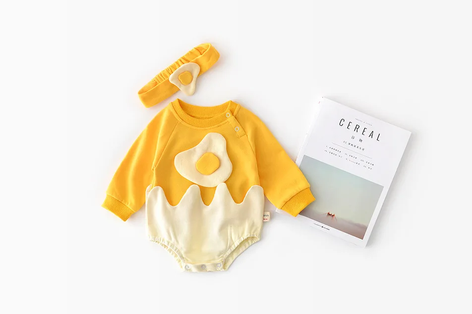

Simple spring and autumn new clothes cotton newborn men and women baby cartoon eggs long sleeves cute jumpsuit hair band