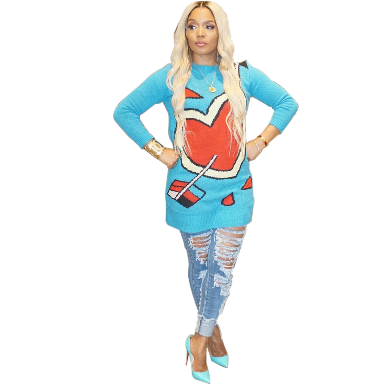 Женский вязаный свитер Tsuretobe осенне-зимний пуловер с длинным рукавом и принтом