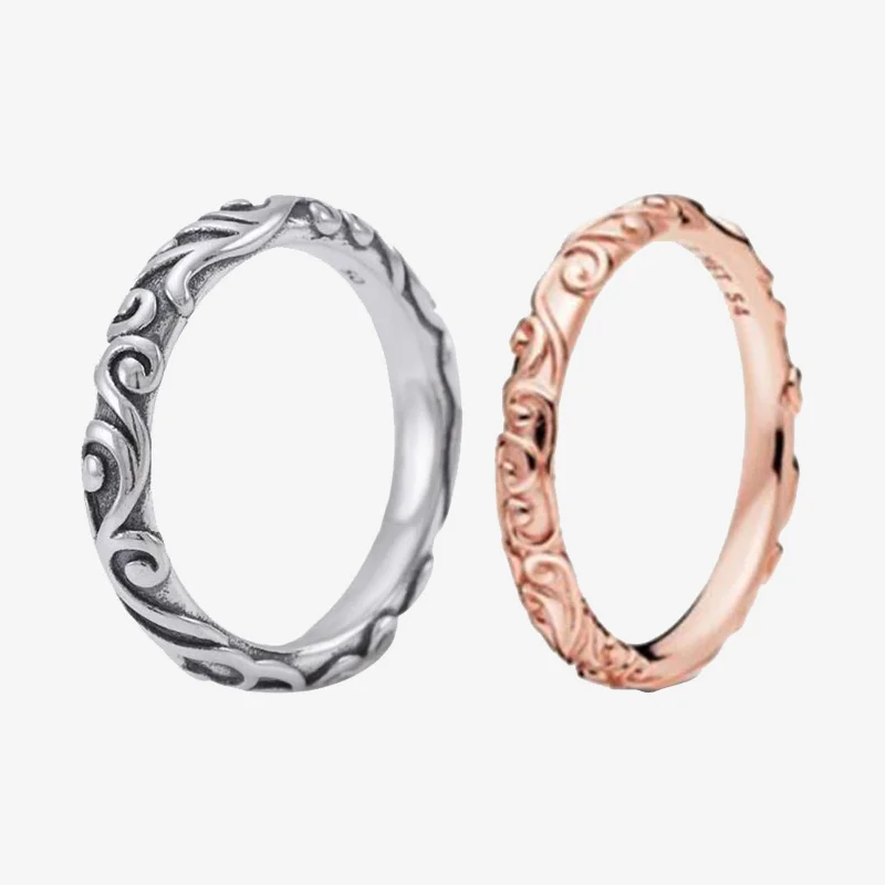 

925 Sterling Silver Pan Ring Rose Gold Glitter Pattern Ring For Women Wedding Party Gift Fashion Jewelry