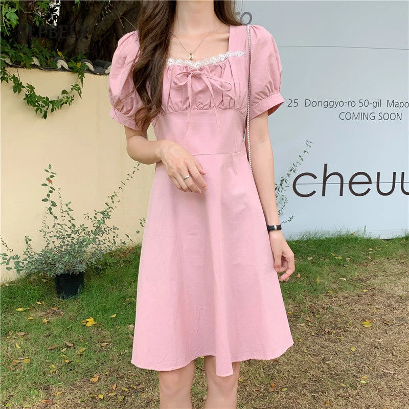 

SLPBELY Sweet Women Dress Summer French Lace Puff Sleeve Square Collar Pink Dress Casual Korean Vacation Dress Vestido Sundress