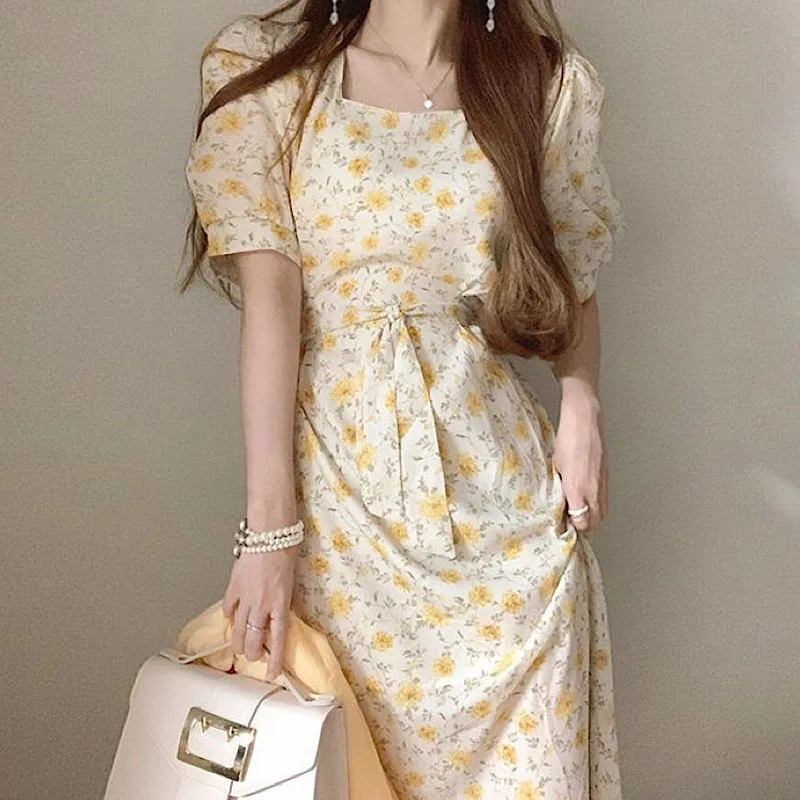 

Цельнокроеное шикарное женское шифоновое платье миди с принтом в Корейском стиле Лето 2021 элегантное офисное Повседневное платье с квадрат...