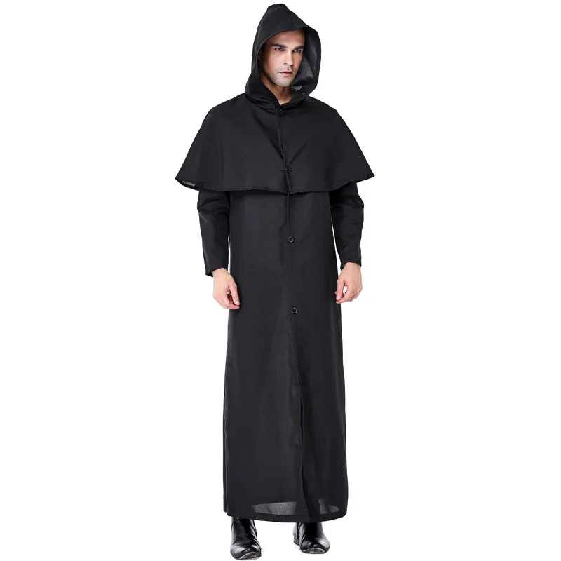 

Men Black Azrael Death Costume Priest Pastor Minister Cosplay Robe Gown Halloween Carnival Purim Mardi Gras Party Outfit