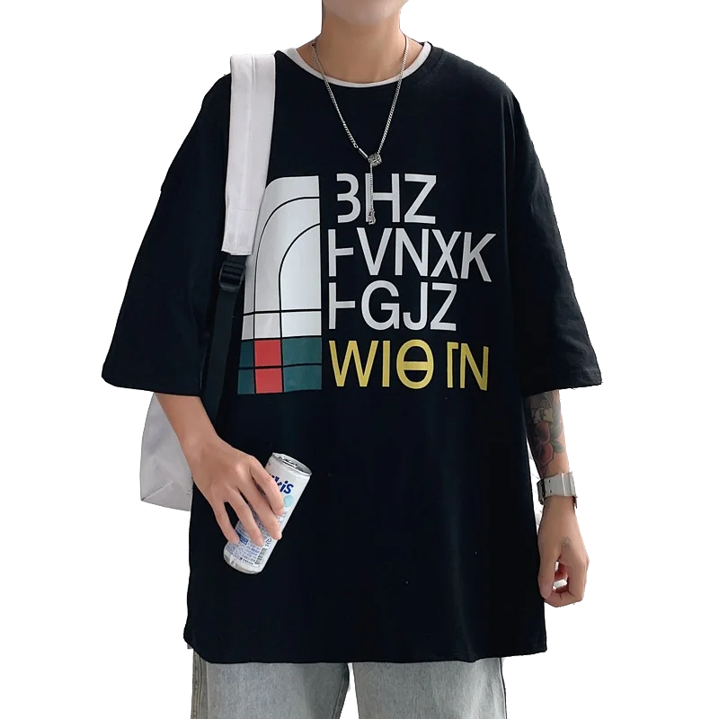 

2021 Summer Camisa Mens Clothing T Shirt Man Oversized T-shirt English Elements Print Smart Casual Short Hipster Funny Tshirt