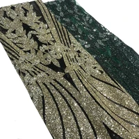 Black/Gray/Green African Wedding Floral Tulle Glitter Sequin Lace Fabric with Stones By the Yard for Sewing Party Dress Textiles