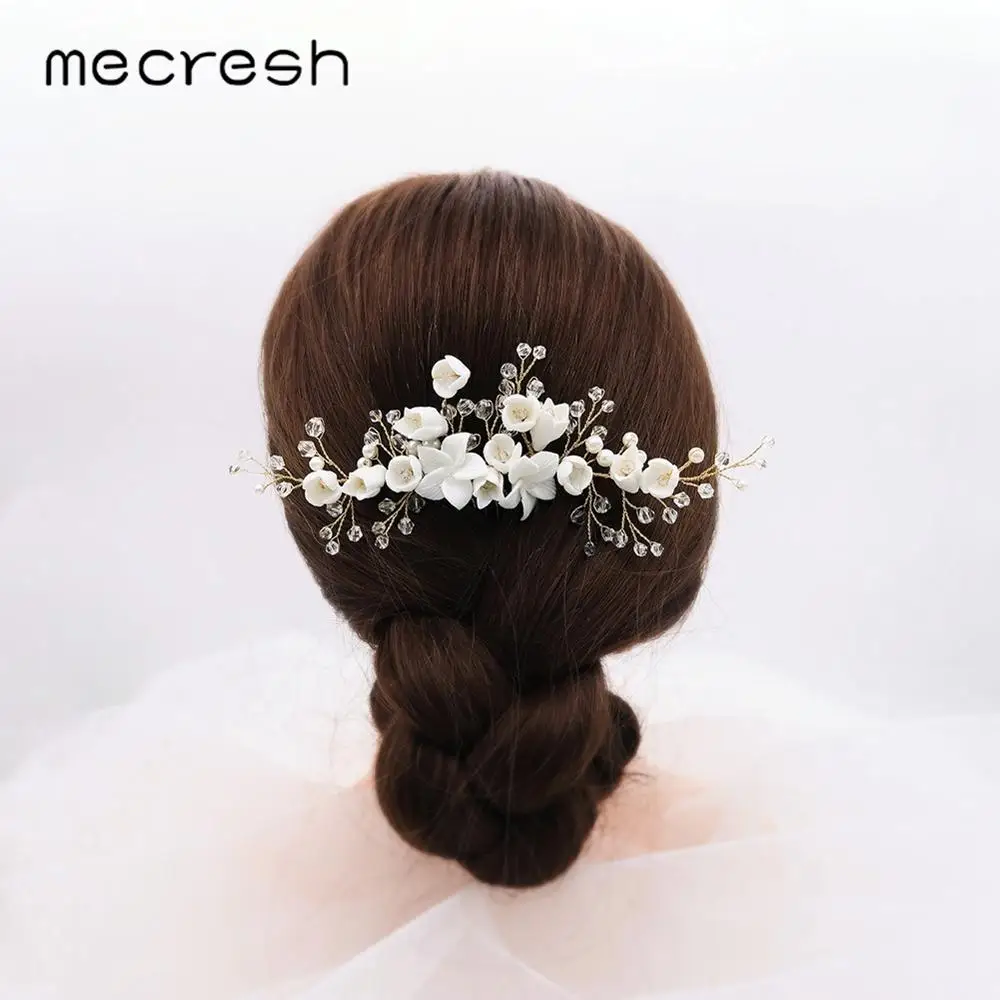 Mecresh White Flower Beads Wedding Hair Accessories Comb Gold Color Handmade Women Bridal Headpiece Ornaments FS334 | Украшения и