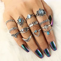 new charm ring hollow retro carved crown ring blue crystal joint female ring set jewelry gift