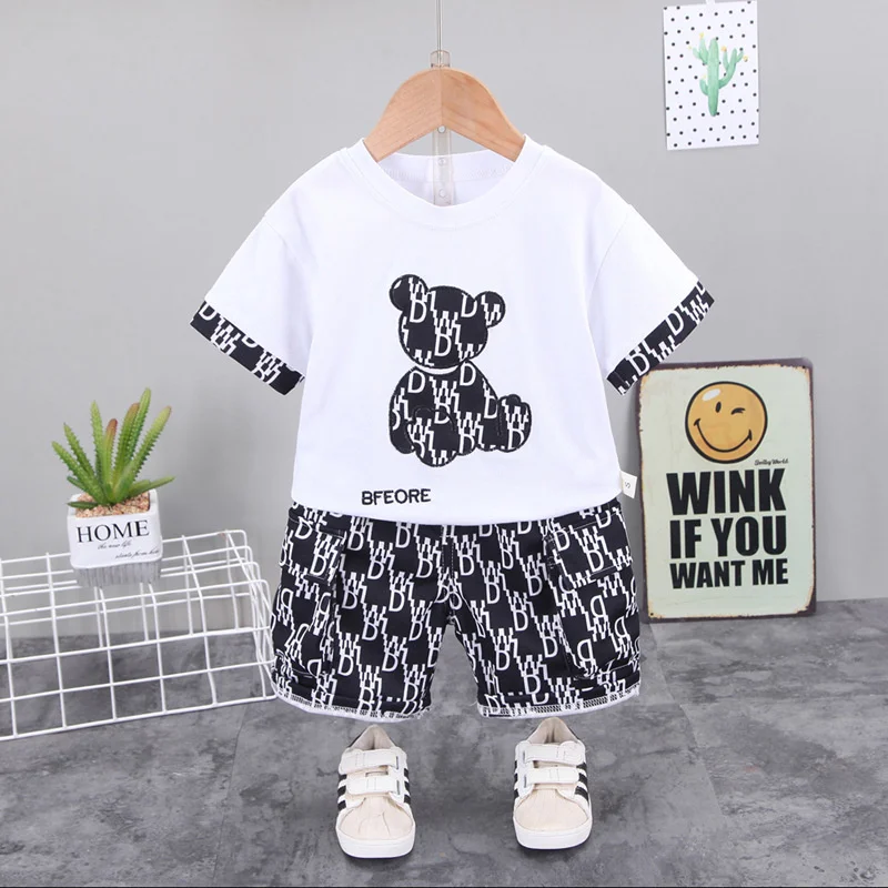 

Baby Boys Fashion Clothes Set New Summer Toddler Girls Cartoon Letter Bear T-shirt+fully Print Letter Shorts Kids Clothing