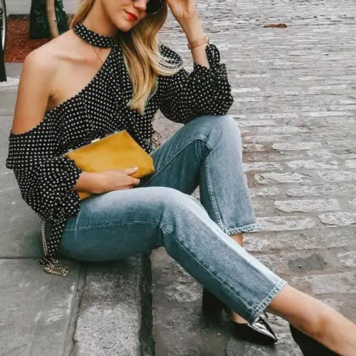 Женские блузки с длинным рукавом и открытыми плечами оборками волнистым узором в