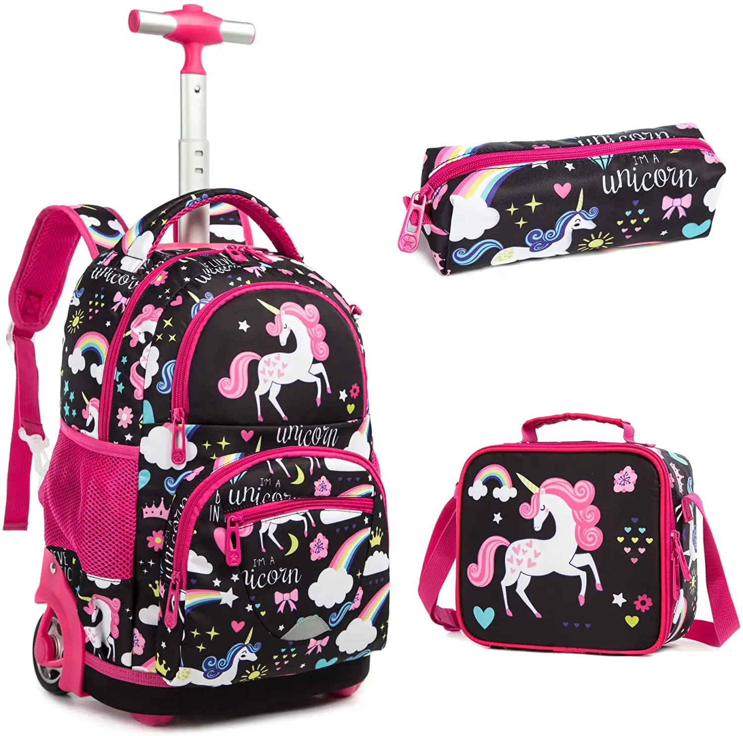 Школьный рюкзак на колесиках для девочек, 16-дюймовый комплект из рюкзака на колесиках, сумки для ланча и ручек, школьный ранец