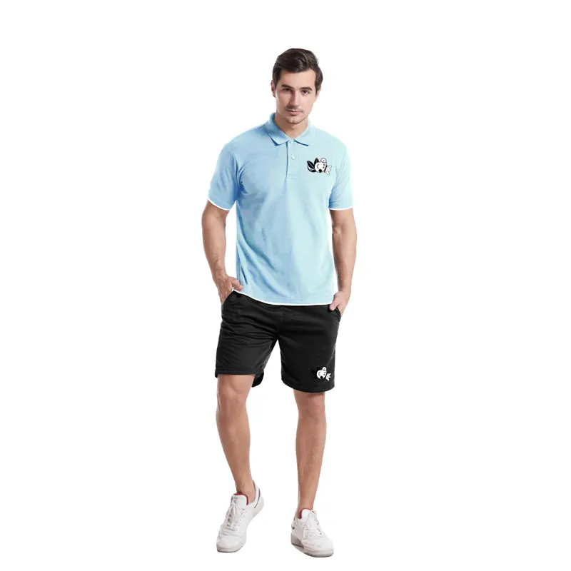 

2021 Pure Color Short Sleeve New Poloshirt Men Sport Fitness Room Jogging Two-piece Pure Cotton Print Sweatshirt+Sweatpants Suit