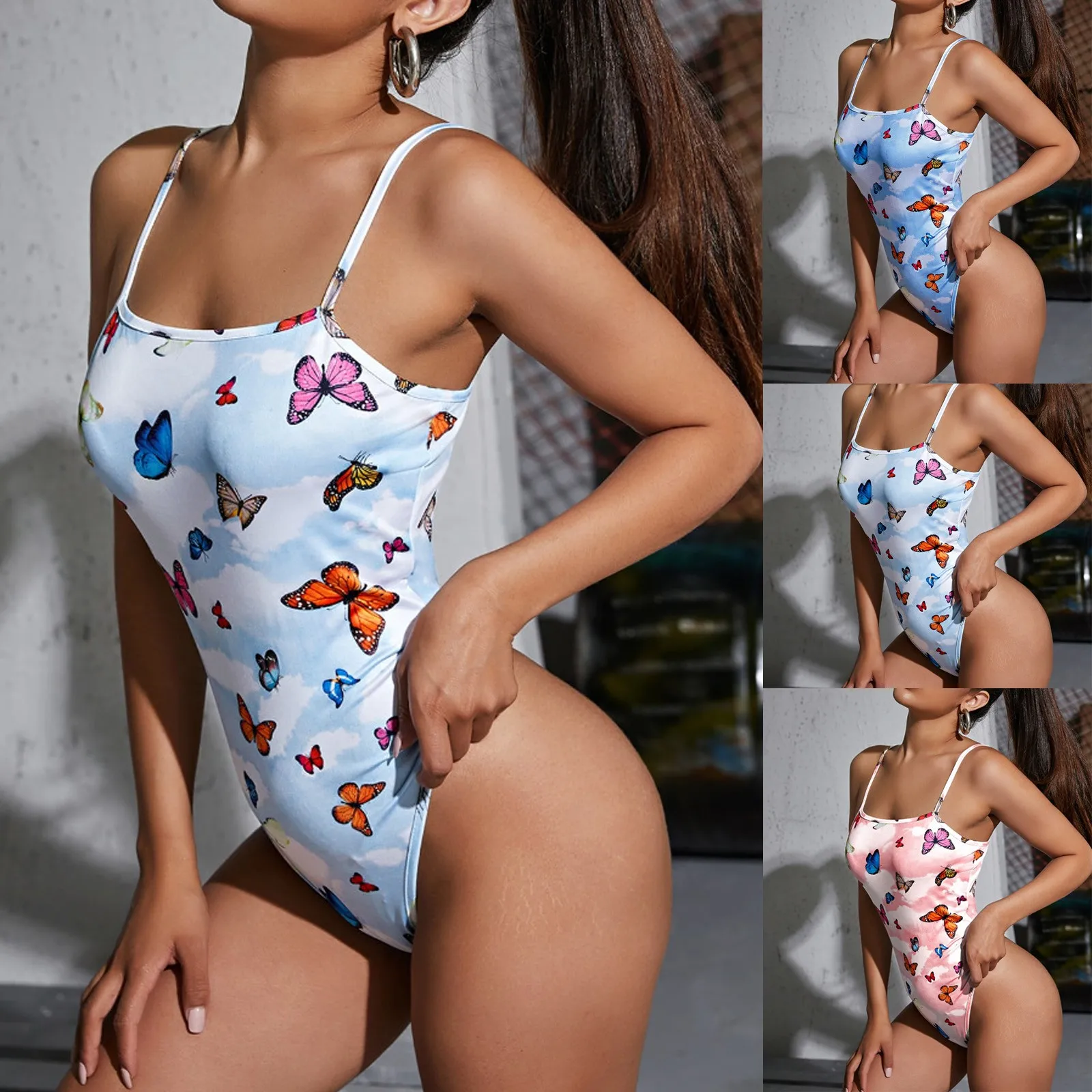 

Women's New Fashion Sexy Sling Halter Butterfly Printed One-piece Swimsuit Beachwear Fashion Plus Size Swimwear Bikinis 2021