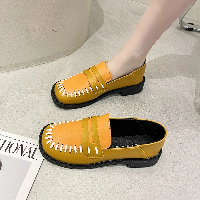 

Womens Derby Shoes Autumn Modis British Style Square Toe Slip-on Casual Female Sneakers Loafers With Fur Flats Mixed Colors Leat