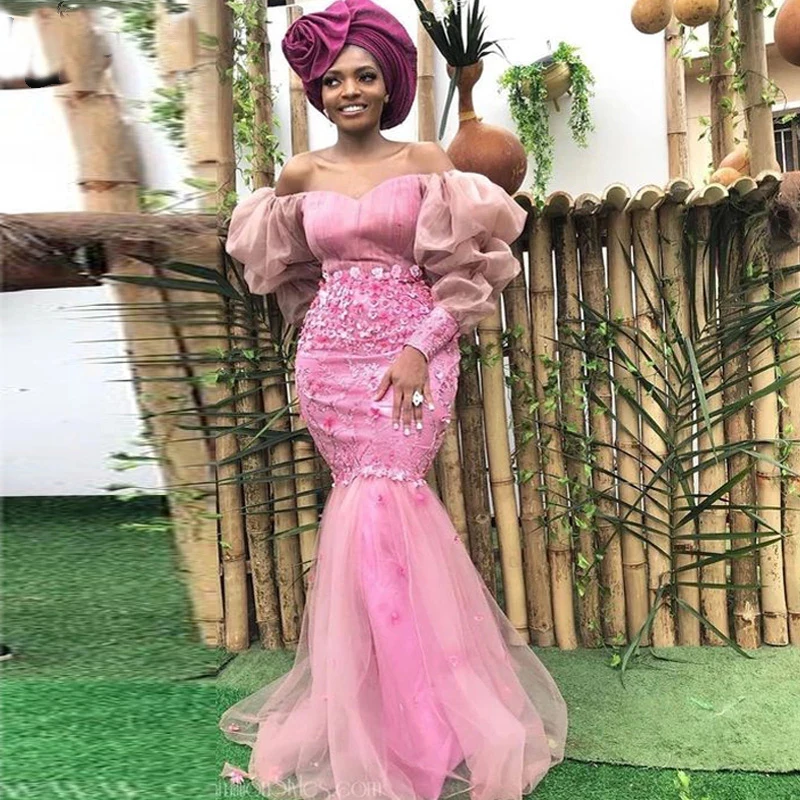 

Aso Ebi Стильные платья с открытыми плечами вечерние платья русалки с длинными рукавами 3D цветы Африканское женское платье для выпускного веч...