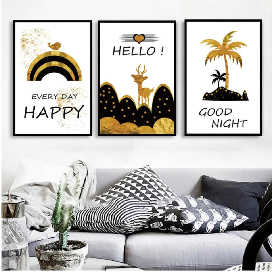 

Golden and Black Cartoon Animals Posters And Prints Nursery Happy Quotes Wall Art Canvas Paintings Pictures Kids Room Home Decor