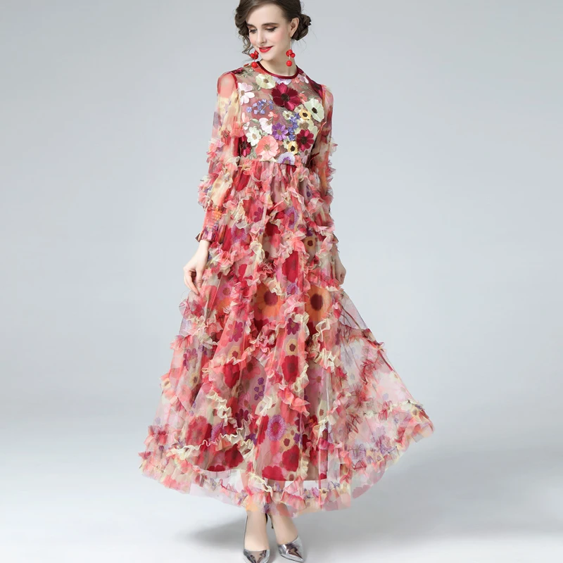 Dresses High Quality New Spring Bohemian Women'S Fashion Chic Elegant Casual Party Gorgeous Flower Embroidery Print Long Dress