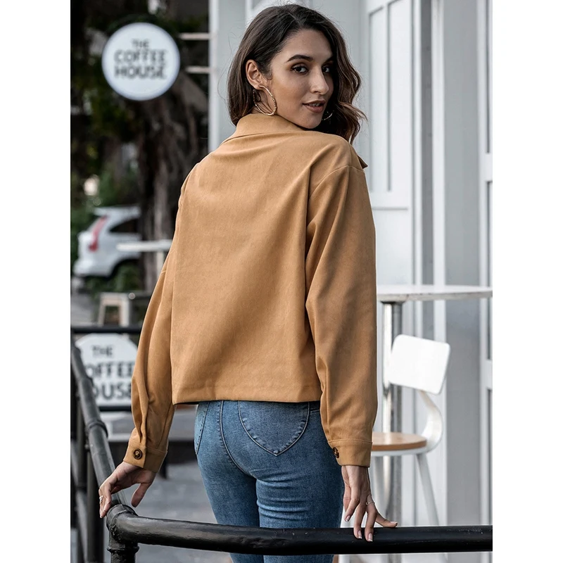 

Women'S Solid Color Cardigan Lapel Collar Casual Ladies Coat Khaki