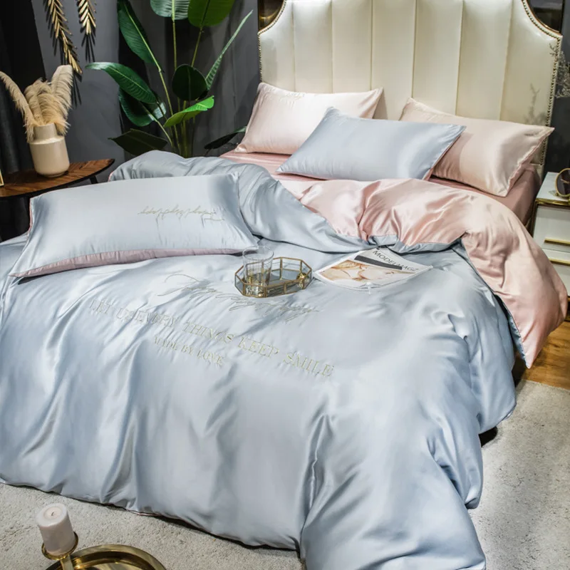 

European Style Light Luxury Ice Silk Cool Feeling Sheet Duvet Cover Bedding Four-piece Set of Tencel Nude Sleeping Sheets