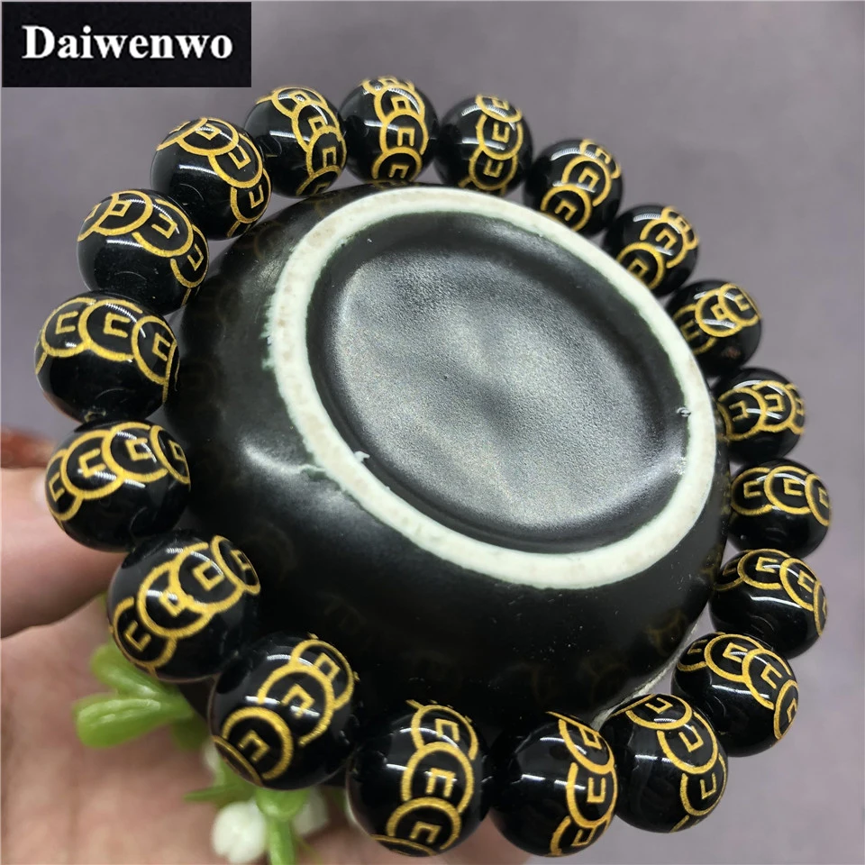 Натуральный камень Золотая медь монета черный агат браслет из ониксовых бусин |