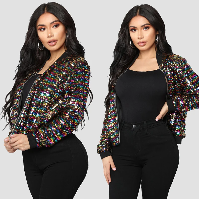 Женская куртка бомбер с блестками повседневная короткая в стиле панк весна осень