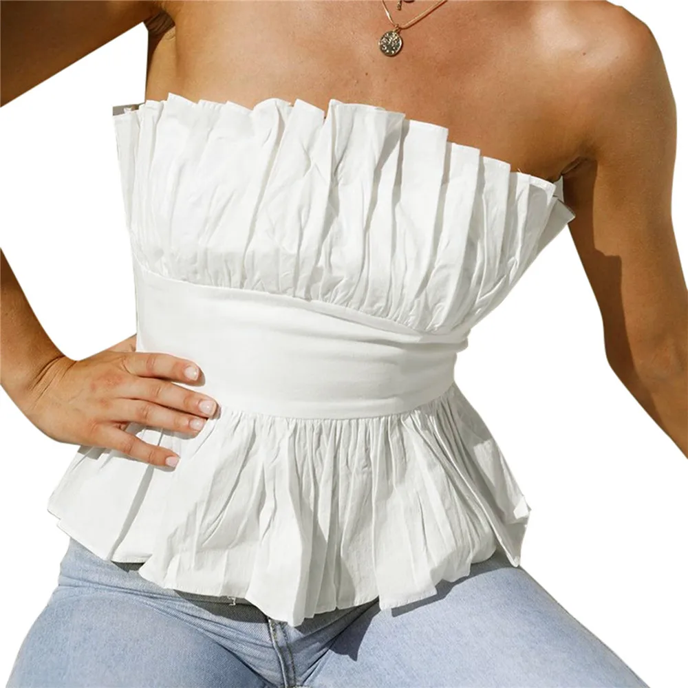 

Summer Women Off Shoulder Top Elegant White Solid Color Pleated Ruffled Hem Tube Tops 2021 Slim Fit T-Shirt