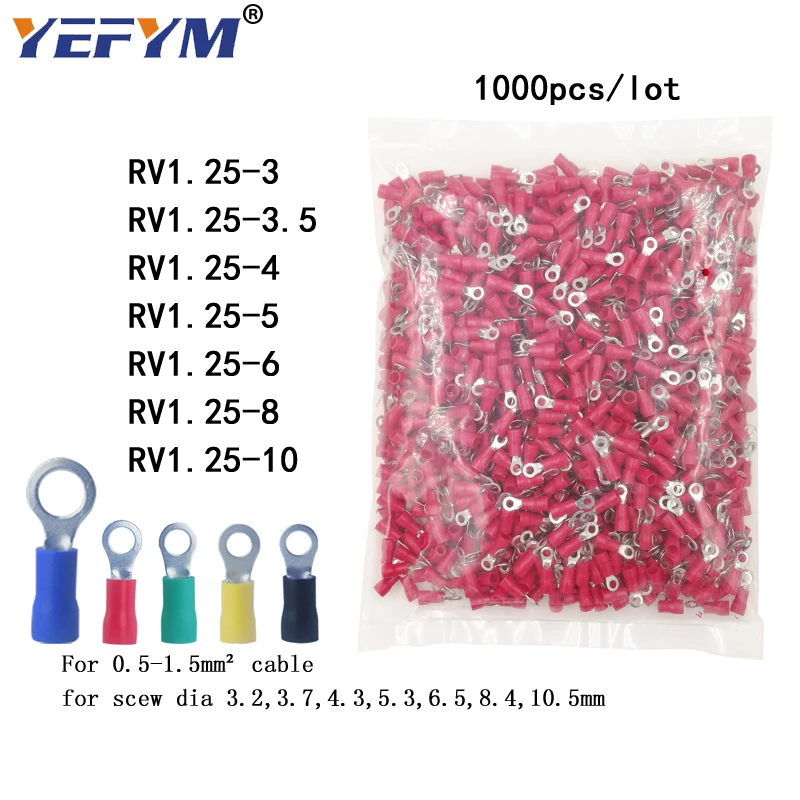 

1000PCS/pack ring crimp insulation terminal RV1.25-3 RV1.25-4 RV1.25-5 RV1.25-6 8 10 for 0.5-1.5mm2 wire cable connector