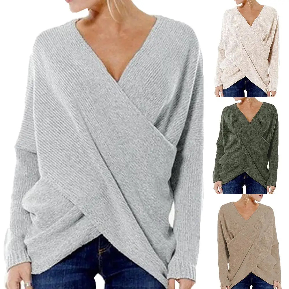 

Solid Color Women Fashion V Neck Cross Front Irregular Hem Sweater Loose Jumper
