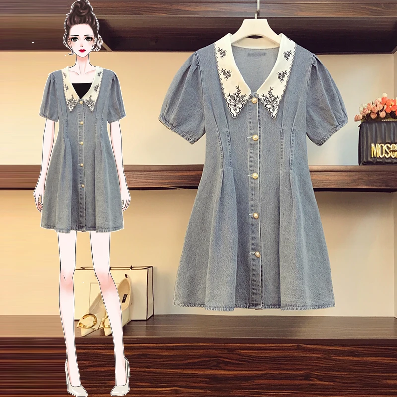 

4XL Plus Size Women Cute Denim Dress Summer 2021 Embroidery Peter Pan Collar Puff Short Sleeve Single-breasted Kawaii Dresses