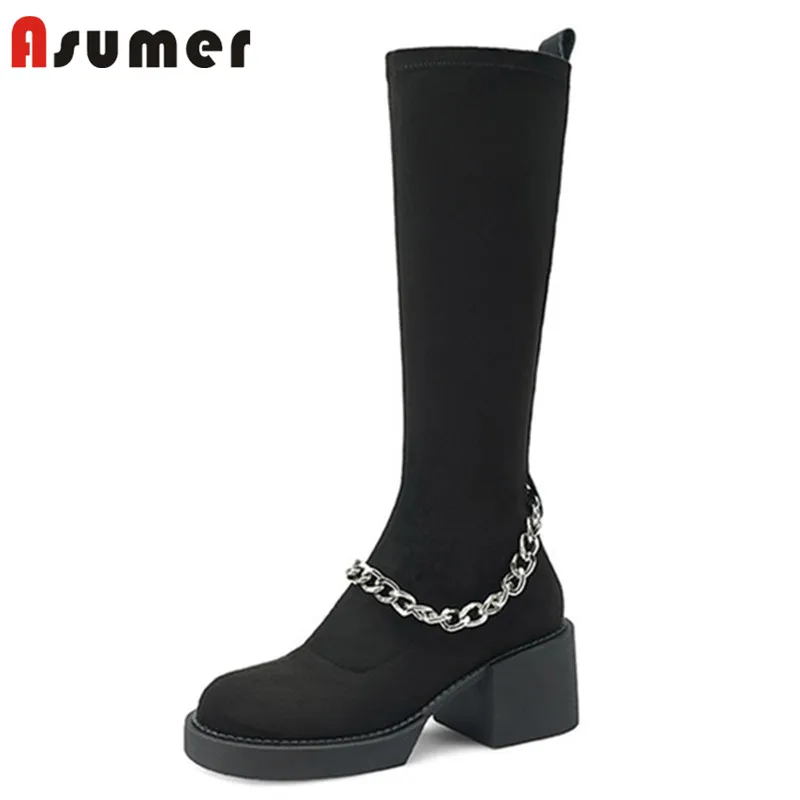 

Asumer 2022 Big Size 41 Knee High Boots Women Shoes Thick High Heels Autumn Winter Slim Stretch Boots Women Fashion Shoes