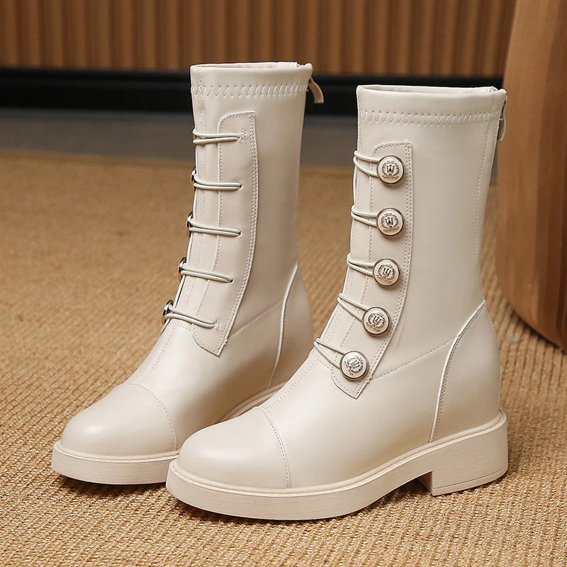 Novas botas femininas primavera e inverno sapatos de design de moda sapatos plataforma botas de couro botão tornozelo botas casuais martin botas (0)