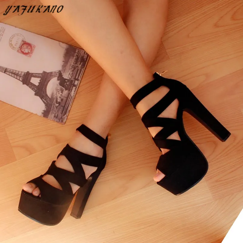 

14Cm Super High Heels Hollow Peep Toe Platform Women Sandals Sexy Cross Strap Rome Shoes Square Heels Lady Party Dress Shoes